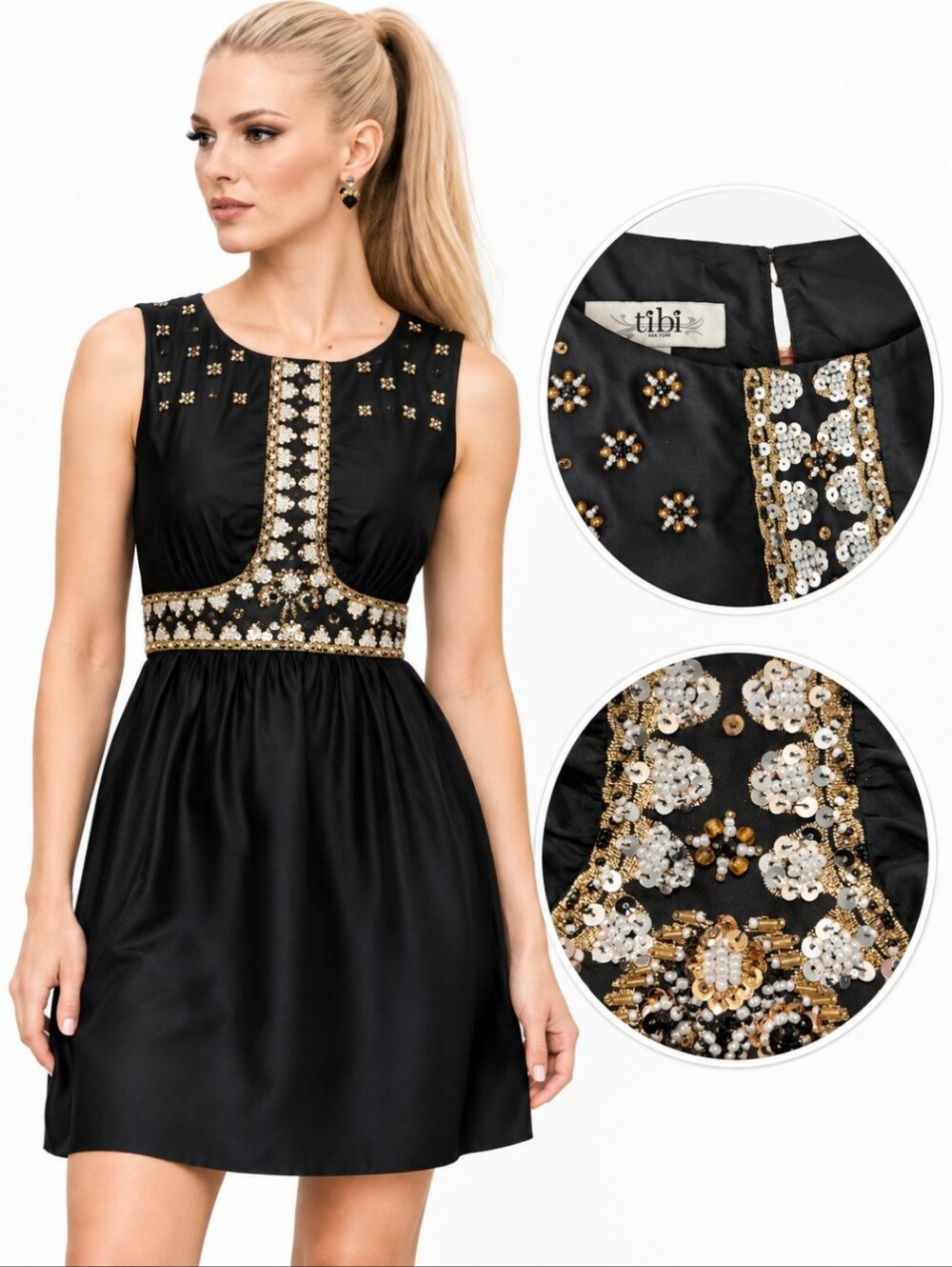 Tibi Designer Black 100% Silk Beaded Sequin Embellished Mini Party Dress Sz 4
